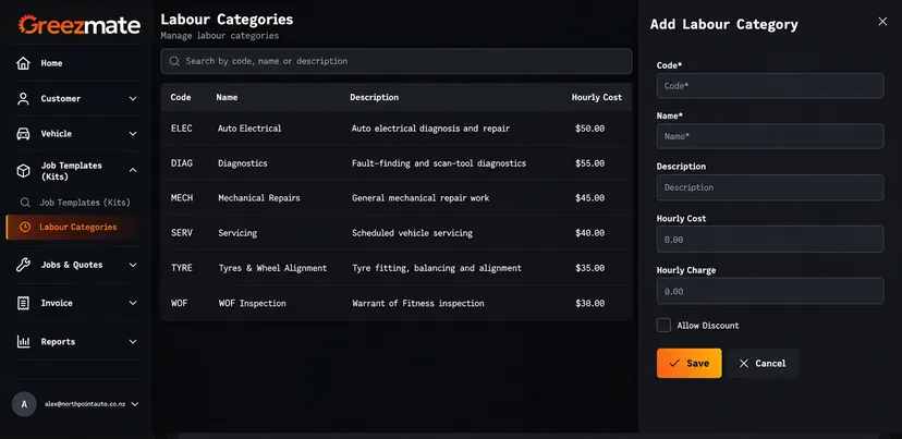 Labour categories list with an add category panel