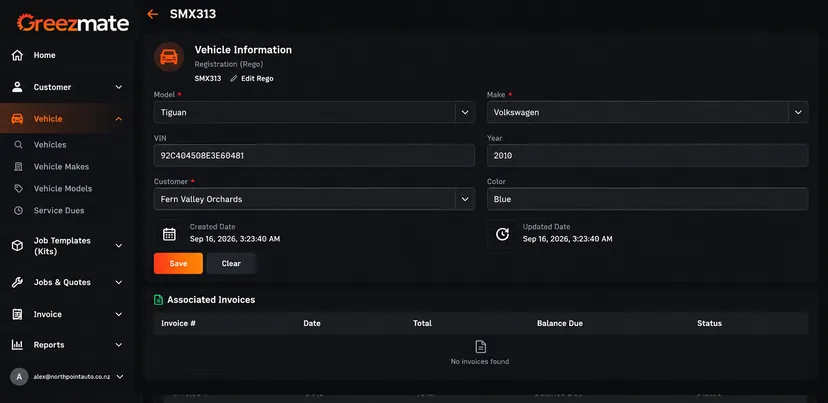 Vehicle details page with registration, model, VIN and associated invoices